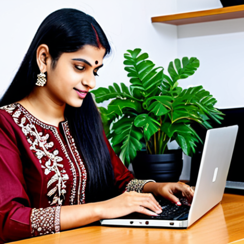 Home 4 **
A professional Indian woman, fully clothed in a modest salwar kameez with intricate embroidery, working on a laptop at a bright desk in a modern, safe for work home office filled with plants and books, appropriate attire, perfect anatomy, correct proportions, well-formed hands, proper finger count, natural pose, professional photography, high quality, family-friendly.
**