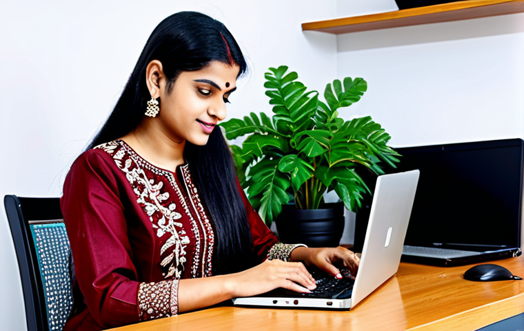 **

A professional Indian woman, fully clothed in a modest salwar kameez with intricate embroidery, working on a laptop at a bright desk in a modern, safe for work home office filled with plants and books, appropriate attire, perfect anatomy, correct proportions, well-formed hands, proper finger count, natural pose, professional photography, high quality, family-friendly.

**