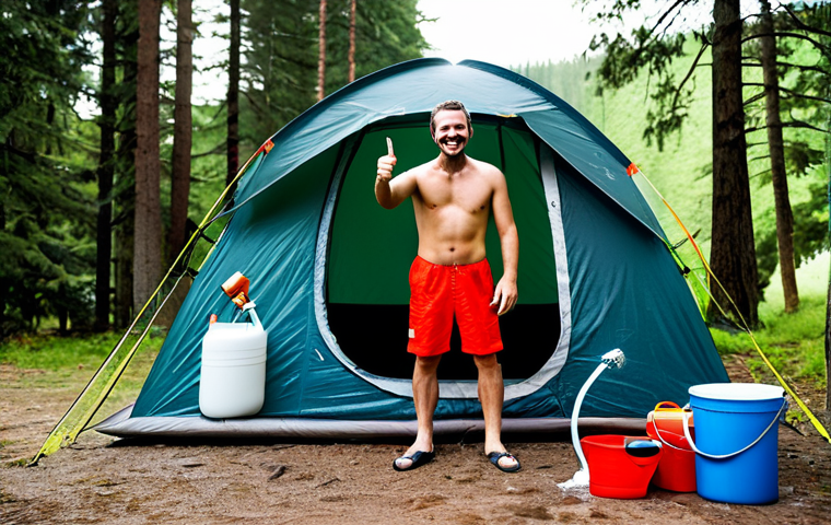 캠핑용 휴대용 샤워기 추천 - **Prompt:** "A professional product shot of a solar-powered camping shower bag, laid out on a rocky ...