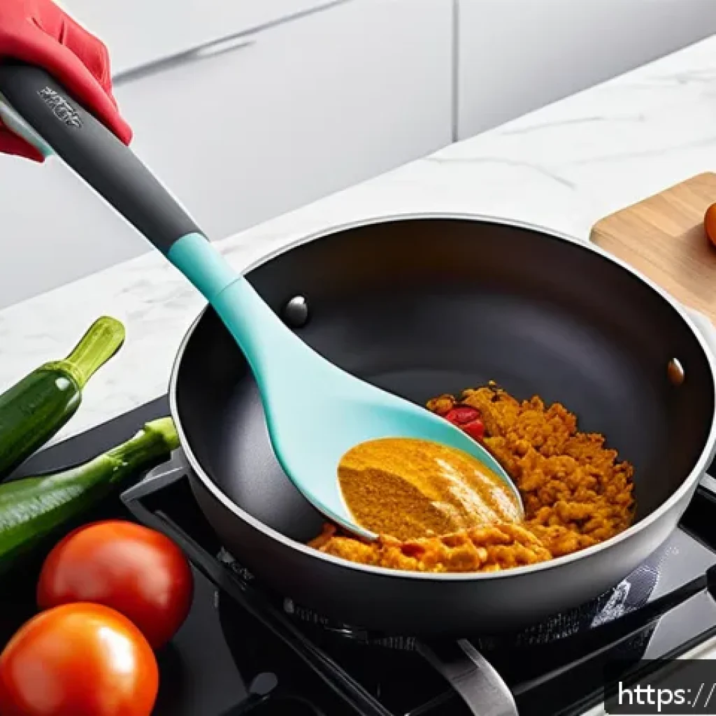 최고의 실리콘 요리 도구 - A vibrant kitchen scene featuring a set of flexible, durable silicone kitchen tools including a spat...