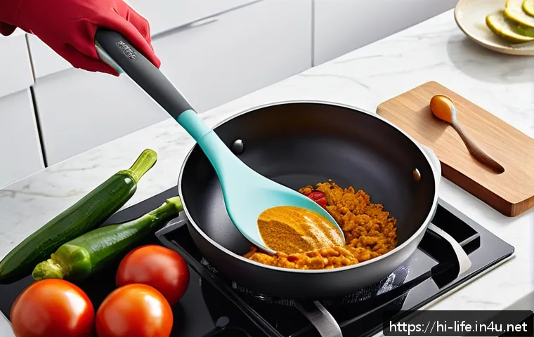 최고의 실리콘 요리 도구 - A vibrant kitchen scene featuring a set of flexible, durable silicone kitchen tools including a spat...