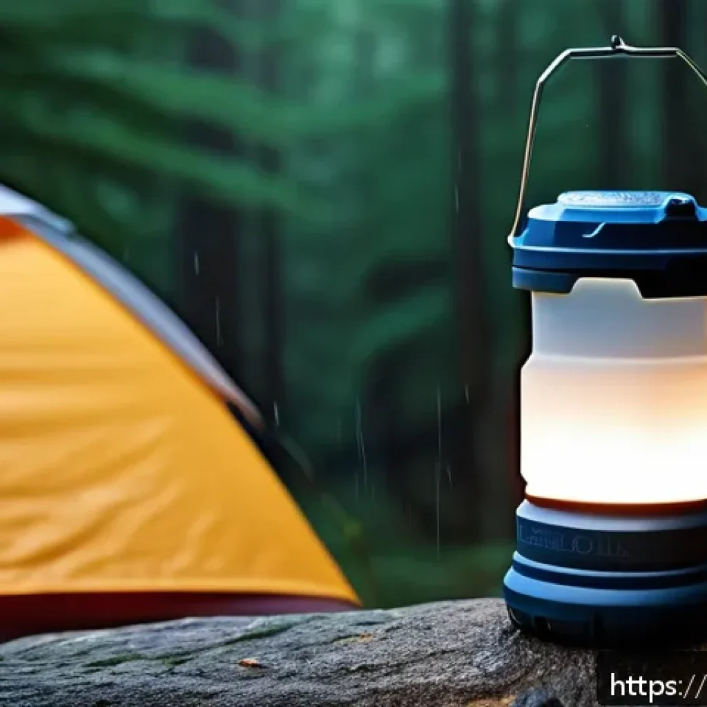 최고의 충전식 캠핑 랜턴 추천 - A rugged, waterproof camping lantern with an IPX6 rating placed on a rocky mountain trail during a l...