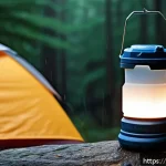 최고의 충전식 캠핑 랜턴 추천 - A rugged, waterproof camping lantern with an IPX6 rating placed on a rocky mountain trail during a l...
