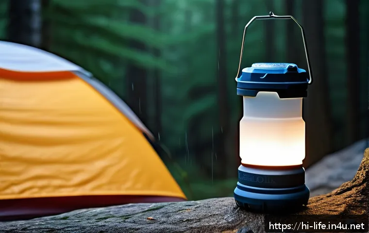 최고의 충전식 캠핑 랜턴 추천 - A rugged, waterproof camping lantern with an IPX6 rating placed on a rocky mountain trail during a l...