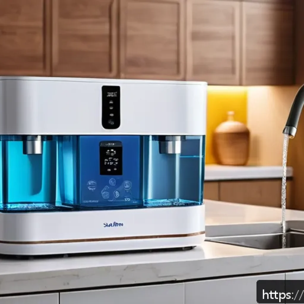 스마트 워터 필터와 일반 필터 비교 - A modern Indian kitchen setting featuring a sleek smart water filter installed on the countertop, wi...