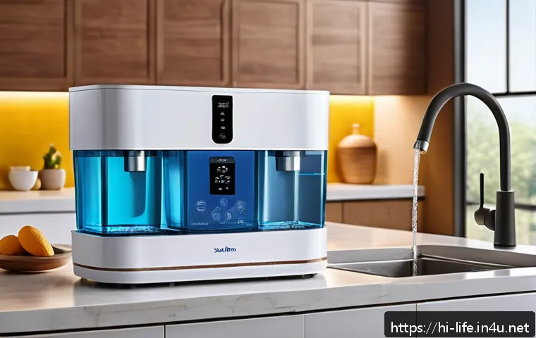 스마트 워터 필터와 일반 필터 비교 - A modern Indian kitchen setting featuring a sleek smart water filter installed on the countertop, wi...