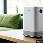 휴대용 공기청정기의 효과 - A sleek, modern portable air purifier with a visible HEPA filter inside, placed on a wooden table in...