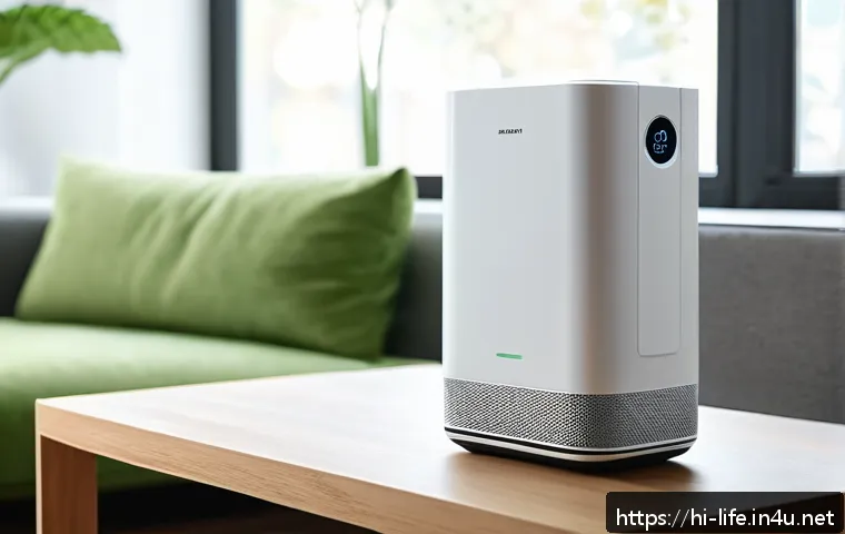 휴대용 공기청정기의 효과 - A sleek, modern portable air purifier with a visible HEPA filter inside, placed on a wooden table in...