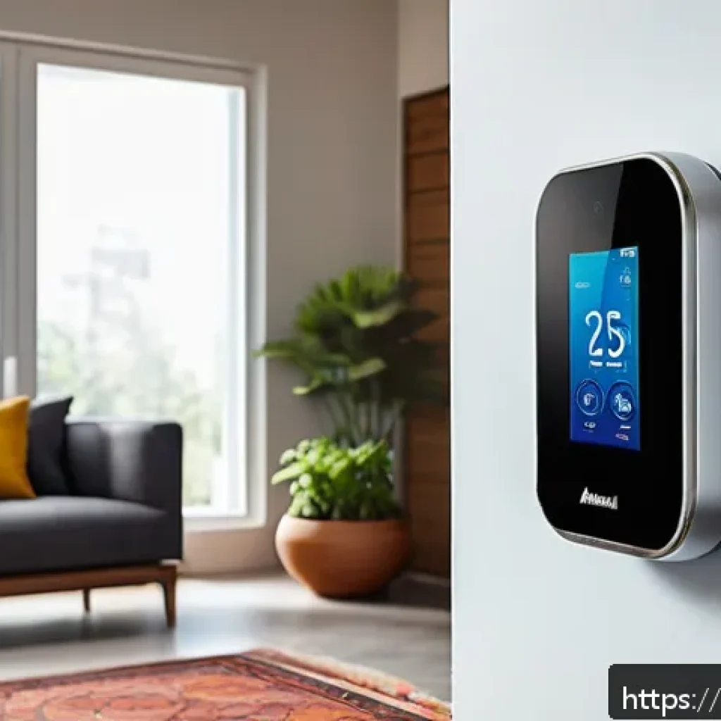 스마트 온도 조절기의 장점 - A modern living room scene in an Indian home with a sleek smart thermostat mounted on the wall, show...
