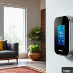 스마트 온도 조절기의 장점 - A modern living room scene in an Indian home with a sleek smart thermostat mounted on the wall, show...