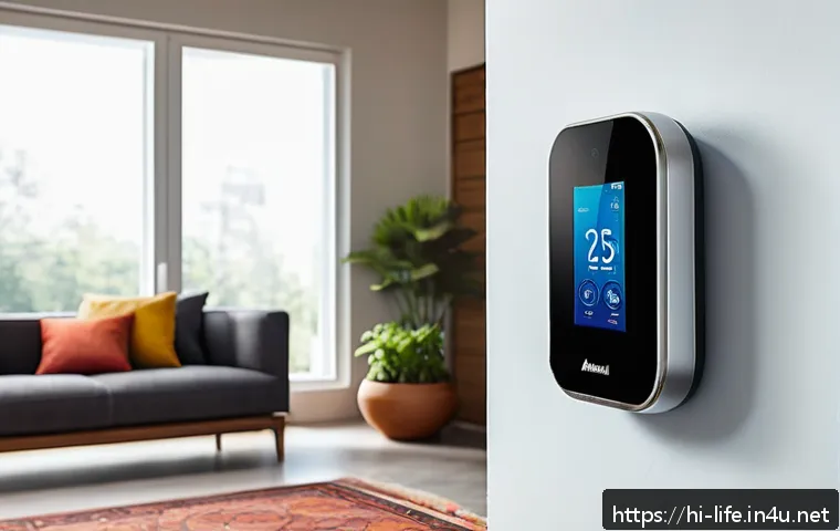 스마트 온도 조절기의 장점 - A modern living room scene in an Indian home with a sleek smart thermostat mounted on the wall, show...