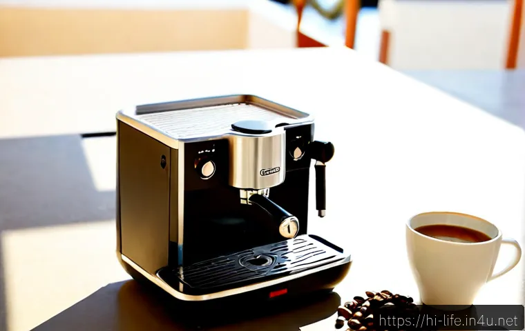 휴대용 에스프레소 머신의 장점 - Photorealistic close-up of a compact portable espresso machine brewing fresh coffee on a sunlit balc...