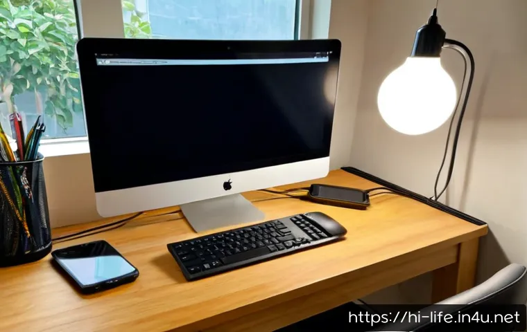 효율적인 전자기기 케이블 관리 방법 - Photorealistic organized home office desk, a South Asian professional carefully routing laptop, moni...